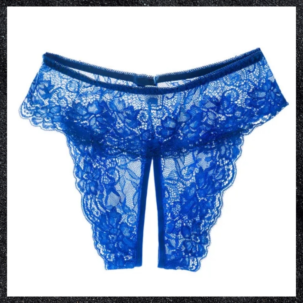 Blue Floral Lace Crotchless Panty